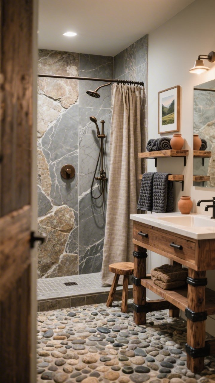 Medium shot from shower entrance: Rustic modern bath with stone-look porcelain slabs lining the shower, large veined sections resembling honed marble; tight river-pebble tile floor in the shower pan; oil-rubbed bronze shower hardware; solid walnut vanity with chunky legs and blackened steel pulls; open wood shelves with rolled towels and clay jars; charcoal waffle towels and a grainy linen shower curtain if visible; framed landscape print and cedar stool as accents; warm, cozy ambient lighting with subtle highlights on textures; no people, photorealistic.