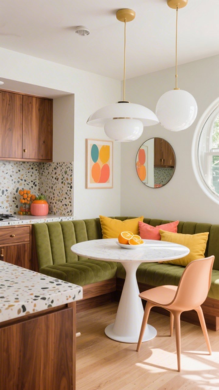 Medium shot, mid-century color-pop dining-kitchen connection; sleek slab-front walnut cabinets, terrazzo-look quartz counters; retro glossy white dome pendants over the island; dining banquette upholstered in olive, white tulip-base table, molded chairs in soft clay; decor with intentional citrus accents—mustard, coral, tangerine—in pillows and artwork on adjacent wall; round mirrors and a walnut credenza partially visible; bright, cheerful daylight, playful curves, no people, photorealistic.