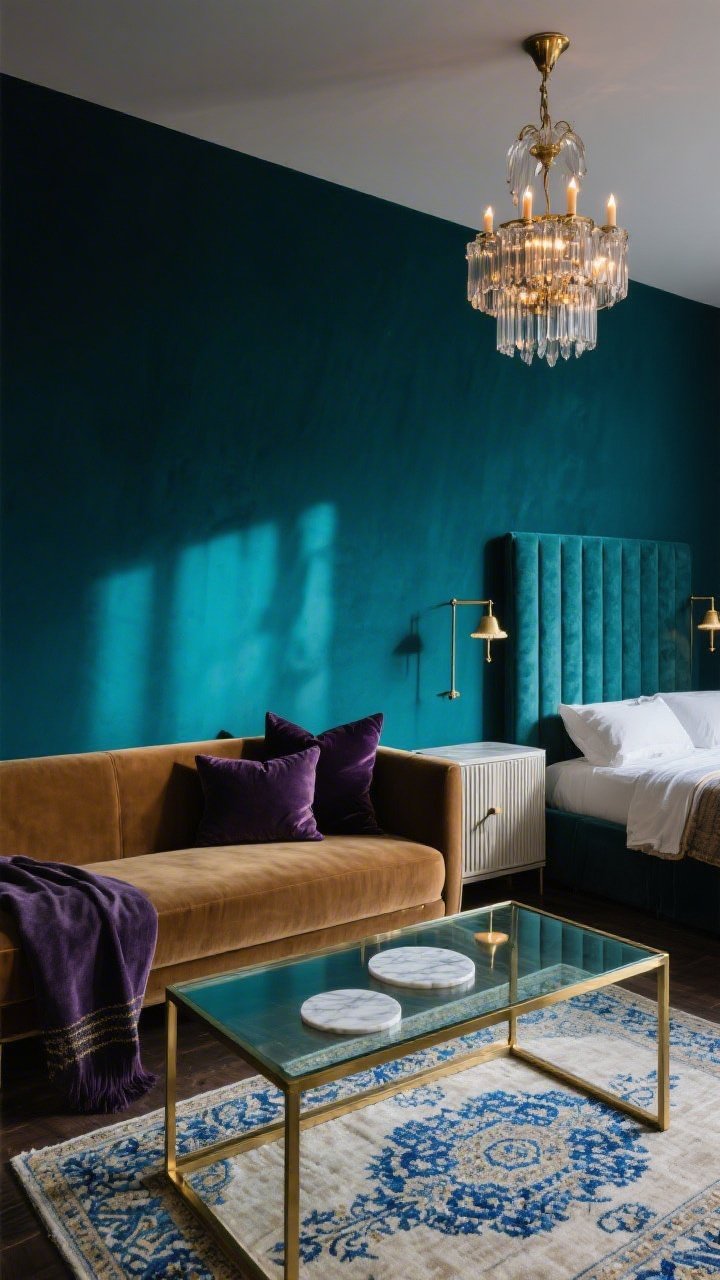 Medium shot: Moody jewel-box studio wall in deep midnight teal with a velvet camel loveseat and a brass-framed glass coffee table centered; lean fluted credenza along one wall catching a ripple of shadow; smoked-glass chandelier overhead casting soft, candlelight-like glow; color accents of oxidized brass and inky plum in cushions and a throw; small Persian-style rug with sapphire threads beneath the table; marble coasters on the glass surface; visible murphy bed with upholstered headboard panel closed against the teal wall; slim wall-mounted swing-arm lamps flanking the bed area; intimate, glamorous mood; photorealistic, straight-on view.