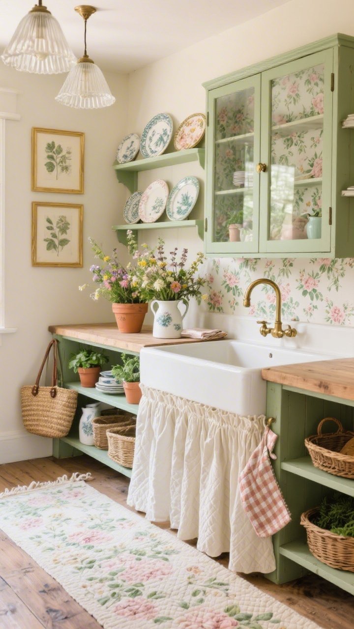Medium shot of a “Botanical Cottage Bloom” vignette along open shelves and a farmhouse sink: palette of sage green, blush, creamy ivory with antique brass and worn oak; soft floral runner rug visible at the base; open shelves styled with transferware plates and mismatched pitchers filled with wildflower bouquets; glass-front cabinets backed with removable floral liner or patterned wallpaper; ruffled sink skirt in cream, gingham napkins, quilted potholders draped over a worn oak counter; milk-glass pendants or pleated fabric shades overhead casting warm diffuse light; herb markers in terracotta pots and botanical prints in thin gold frames; willow trays and a woven market tote on a hook; romantic, breezy mood.