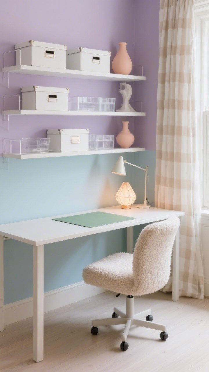 Medium shot of a pastel atelier home office: a warm white desk paired with a bouclé swivel chair, set against a color-blocked wall panel in dusty lavender or misty blue behind open shelving. Shelves styled with white storage boxes, clear acrylic organizers, and sculptural vases in pale peach. Lighting includes a cone-shade task lamp on the desk and a small paper lantern glowing in a corner. A striped cotton curtain softens the window; a sage desk mat grounds the workspace. Soft, chalky pastels, clean lines, bright diffused light, photorealistic.