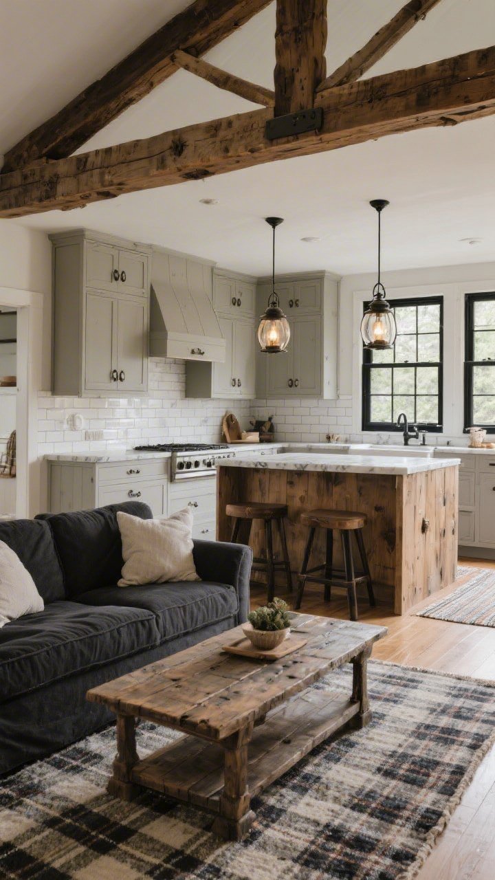 Medium shot of a rustic farmhouse open area with refined finishes: greige shaker cabinets with cup pulls, farmhouse sink, honed marble-look quartz, white subway tile with dark grout, two lantern-style pendants over a chunky wood island. Living zone includes a deep charcoal linen sofa, reclaimed wood coffee table, oversize plaid rug, exposed faux beams, black window frames, and a vintage-style runner linking kitchen to living. Warm, cozy Sunday-morning lighting, grounded and tailored.