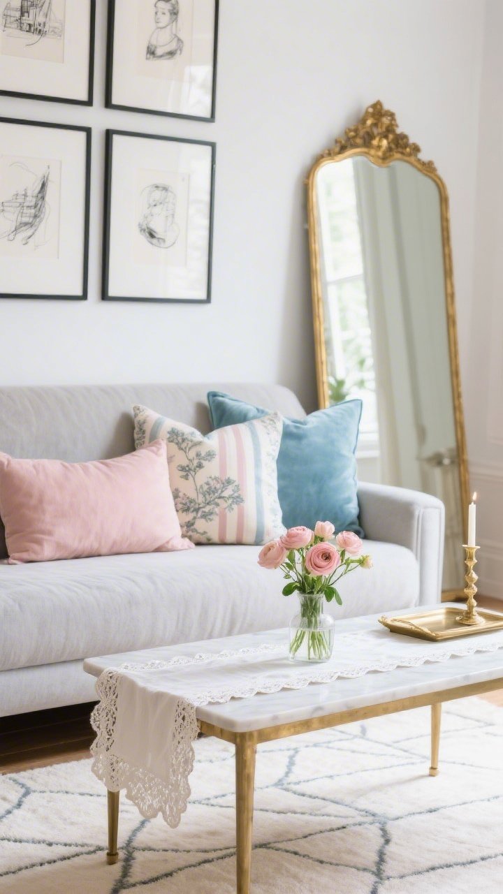 Medium shot, Parisian-inspired coffee table and sofa scene: existing furnishings softened with powdery pastels—blush, dove gray, robin’s egg blue. On the sofa: velvet or linen pillows in two blush tones plus one patterned toile or delicate stripe. A lace-trimmed or scalloped-edge runner spans the coffee table with a petite bouquet of ranunculus in a small bud vase. In the background, a gold/brass mirror propped to reflect light, black-and-white sketches in thin black frames, and a pale neutral rug with a faint geometric. Subtle brass accents (tray, candlestick) catch gentle daylight; romantic yet crisp, photorealistic.