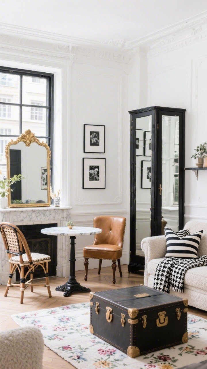 Medium shot: Parisian petite living-dining corner with crisp white walls, skinny black window trim, and picture-frame molding; bistro table with marble top and two cane café chairs pulled close to a window; nearby seating zone shows a camel leather club chair and a petite bouclé loveseat with turned legs; oversized gilt mirror leaning on a mantel-style shelf; black-and-white gallery wall in thin frames; layered patterns including a houndstooth throw, striped pillows, and a floral runner; tall armoire with mirrored doors and a trunk-style coffee table for hidden storage; bright natural light with subtle shadows; photorealistic, straight-on composition.