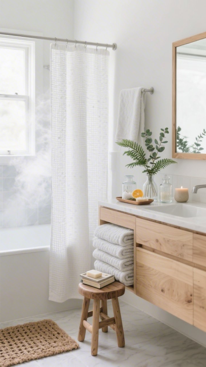 Medium shot, serene spa-like bathroom: cloud-white and pale gray towel sets neatly stacked, waffle-weave shower curtain for texture; natural wood accents including a teak bath mat, a small stool, and a slatted bathtub tray holding bath salts and a book; soaps decanted into clear/frosted glass bottles on a light oak vanity with a light oak–framed mirror; glass apothecary jars, a ceramic candle, and a fresh eucalyptus bundle; a small fern or pothos on the windowsill; a fresh citrusy diffuser; palette of white, fog gray, light oak, eucalyptus green; clean, steam-kissed soft light, photorealistic.