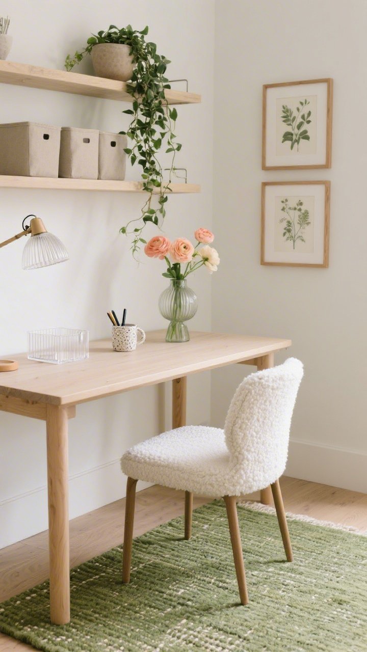 Medium shot, side angle of desk: A modern meadow home office with a light wood desk of clean lines and a white boucle desk chair on a flatweave moss-green rug. On the desk: a clear acrylic organizer, a speckled ceramic cup for pens, and a low glass vase of peach-and-cream ranunculus. Behind, a floating shelf wall styled with neutral bins, a climbing ivy in a sculptural pot, and framed botanical prints in thin oak frames. A fluted glass task lamp casts warm, diffused light. Palette of soft moss, pale oak, creamy white, peach accents; textures of boucle, flatweave, frosted glass, matte ceramic.