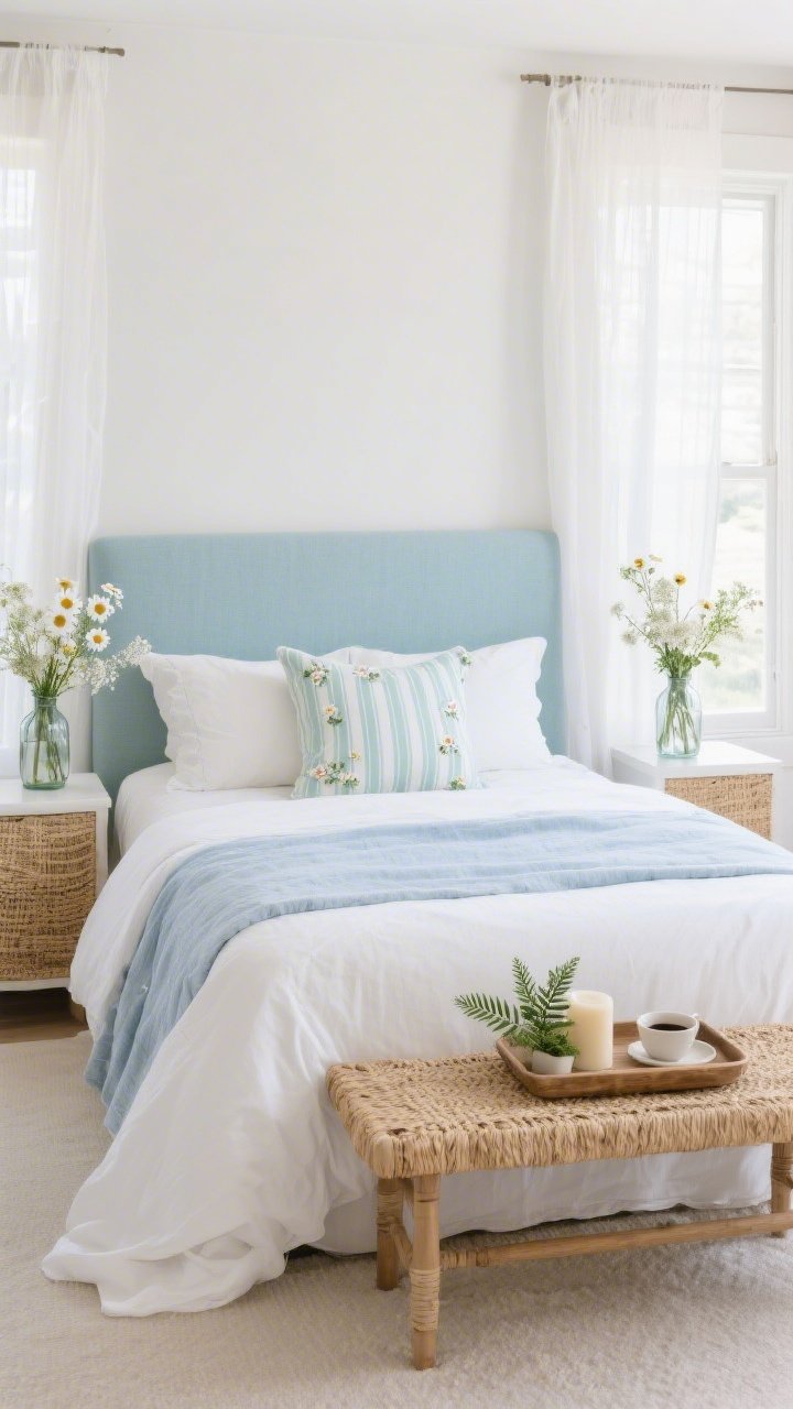 Medium shot, straight-on at the bed: A fresh coastal bedroom featuring a pale blue upholstered headboard, crisp white bedding layered with a lightweight chambray duvet. Seafoam striped lumbar pillows and embroidered shams with tiny floral sprigs. Gauzy white sheers at the windows moving slightly with a breeze. On each nightstand, recycled glass bottles holding wildflower bouquets—daisies and queen anne’s lace—catching soft daylight. A seagrass bench at the foot of the bed; a woven tray with a small fern, a candle, and a morning coffee. Palette of white, seafoam, pale blue, sandy tan; textures of chambray, seagrass, glass, cotton voile.