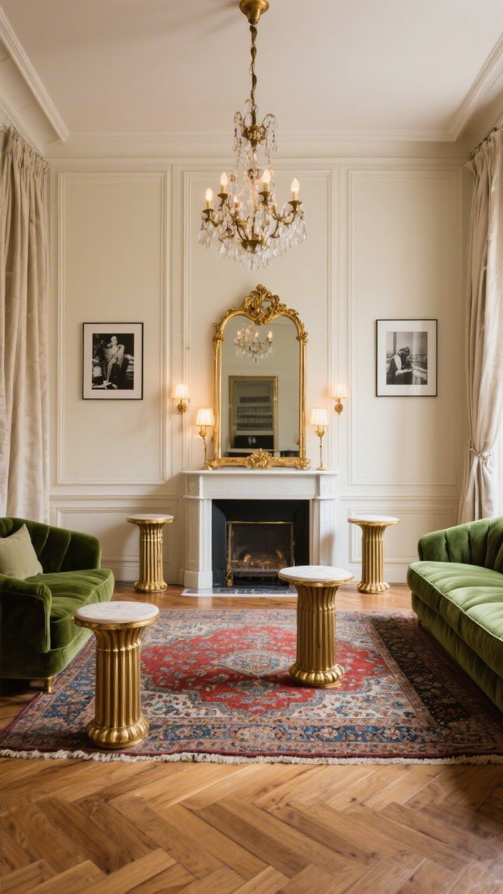 Medium shot, straight-on, Parisian classic living room with mid-tone oak chevron parquet flooring; creamy walls, tall baseboards; velvet sofa in forest green; gilded mirror above a simple mantel; fluted side tables; vintage Persian rug with subtle red and blue accents; antique brass tones throughout; linen drapes and black-and-white photography on the walls; ornate chandelier and petite brass picture lights providing warm, elegant illumination; no people.