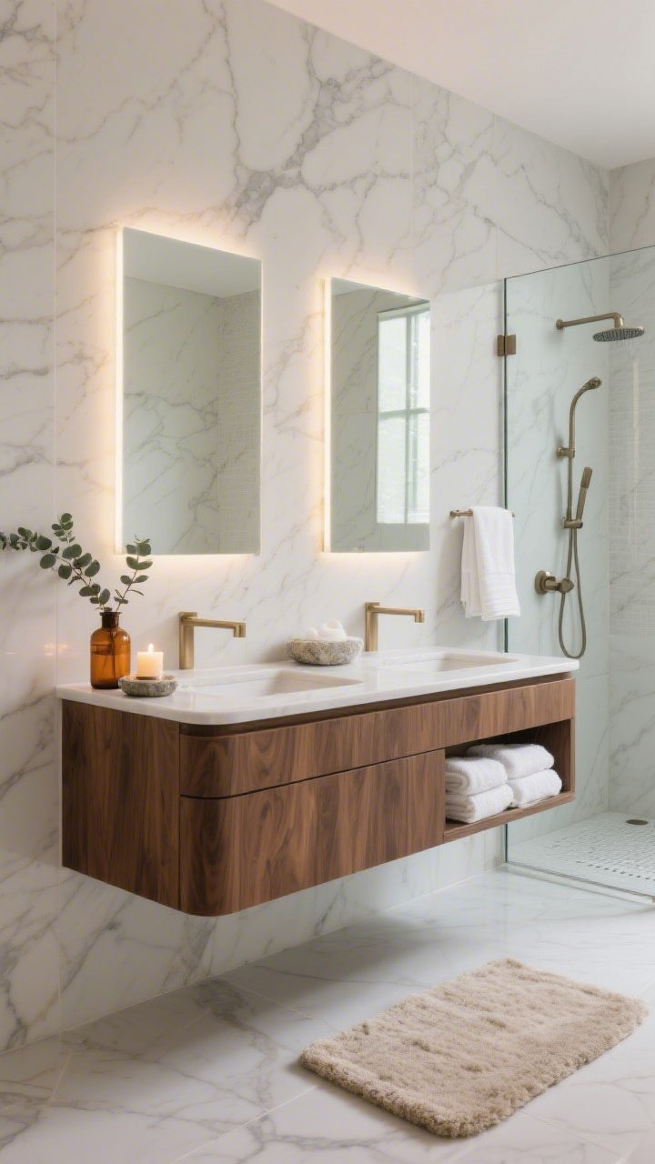 Medium shot, straight-on vanity wall: Polished spa bath retreat with large-format porcelain slabs featuring soft marble veining and minimal grout lines. Floating walnut vanity under a thin-profile quartz counter, twin LED backlit mirrors casting a halo glow. Brushed champagne hardware throughout. To the side, glimpse of a frameless glass shower with linear drain and handheld + rain combo. Textiles include bright white Turkish cotton towels and a plush oat bath mat. On a stone catchall: amber glass soap bottle, eucalyptus stems, and a single lit scented candle. Clean, calm, quietly opulent lighting, photorealistic.