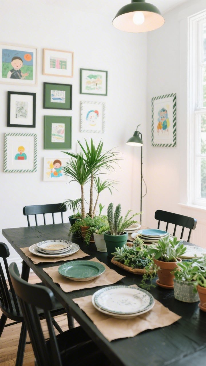 Medium shot, The Gallery Greenhouse dining area: crisp white walls, soft green accents, black touches; dining table with a lush plant runner composed of tall palms, petite succulents, and herb pots; mismatched plates layered over DIY kraft-paper placemats; a mixed-size gallery wall of frames, some vertical for drama, interspersed with unframed canvases and kids’ art bordered in washi tape; a floor lamp pulled into the corner spotlighting the gallery like an exhibit; bright, natural daylight plus focused lamp glow; photorealistic, straight-on view.