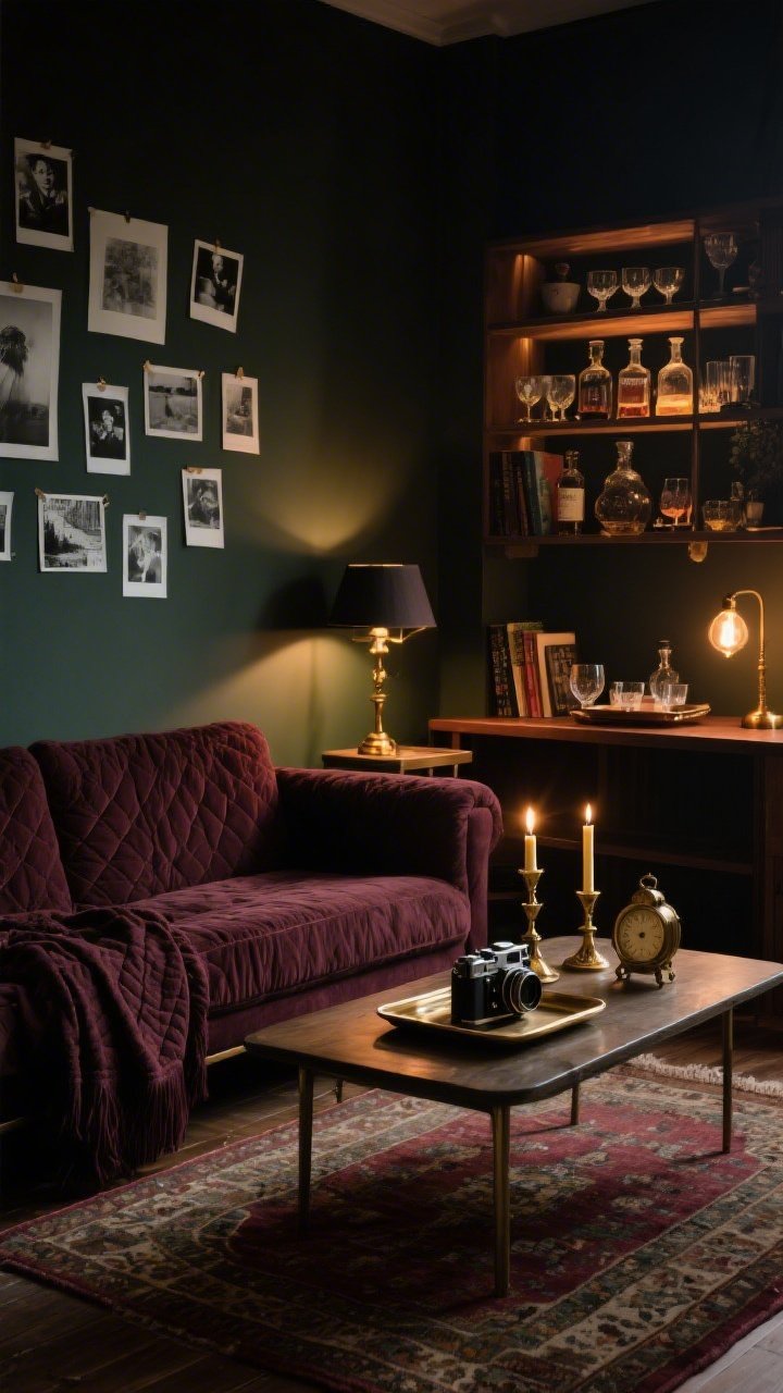 Medium shot, The Moody Vintage Den: cinematic, moody vibe with burgundy, olive, espresso, and brass tones; sofa covered with the darkest throw or quilt; a second rug layered over the existing one for richness; tray on a table displaying heirlooms—vintage cameras, brass candlesticks, an old clock; warm light bulbs in table lamps providing low, cozy illumination; black-and-white photos taped salon-style on the wall; a low bookcase converted into a bar with decanters, mismatched glasses, and a small tray; evening, warm glow, photorealistic, angled from a darkened corner.