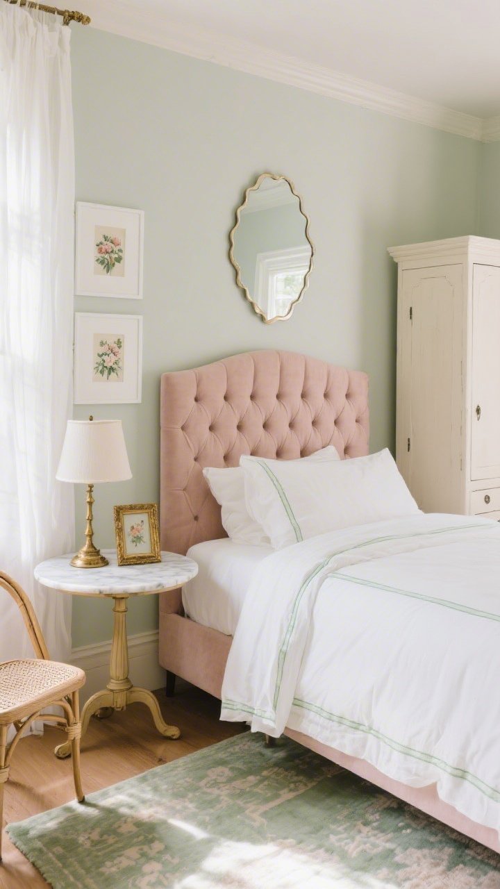 Medium, slightly angled shot of a romantic retreat: tufted headboard in dusty blush, bedding in white percale with delicate sage piping, sheer white drapes floating in afternoon light. Petite nightstand with curved legs holding an antique brass lamp base and brass picture frame; slim ivory-painted armoire to the side. Round marble-topped side table next to a small cane bistro chair, floral art prints with white mats and a scalloped mirror on the wall, silk-like rug under the bed. Palette of dusty blush, sage, warm white, antique brass; soft and elegant.