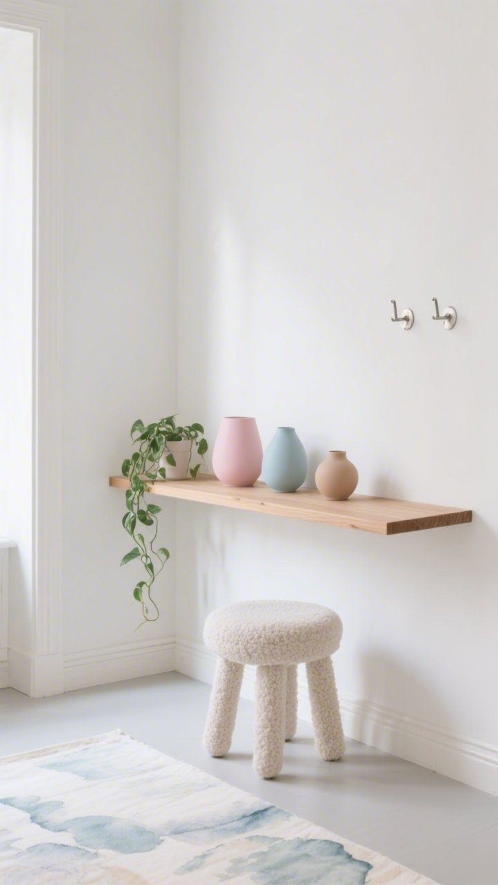 Medium, straight-on minimalist Scandinavian vignette in gentle daylight: warm white walls with pale oak trim, a slim floating oak shelf replacing a table; on the shelf, matte pastel ceramics in powder pink, misty blue, and soft clay, alongside a single trailing pothos; beneath, a light boucle stool tucked neatly; on the floor, a pale watercolor-print runner adding whisper-light color; minimalist brushed nickel wall hooks nearby; calm, airy atmosphere, photorealistic.