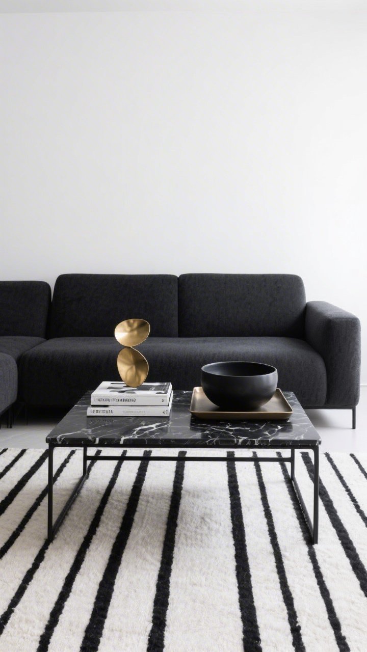 Medium, straight-on shot, Modern Minimalist In Black, White, And Brass: a gallery-white wall backdrop, clean-lined charcoal sofa, tight flatweave rug with thin black pinstripe; a black marble coffee table with subtle veining centered; styling limited to three items—one sculptural brass object, a thin stack of monochrome design books, and a low black ceramic bowl—on a narrow rectangular tray; emphasis on negative space and crisp edges; color palette jet black, crisp white, charcoal, antique brass; textures marble, brushed metal, matte ceramic, smooth wool; bright even daylight, photorealistic, no people.