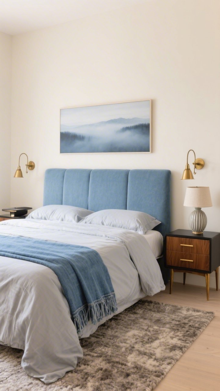 Medium, straight-on shot of a modern classic bed wall: cloud-blue upholstered bed against creamy walls, layered with matte sateen sheets, a light gray coverlet, and a blue chambray throw. Brass swing-arm sconces flanking the bed, mixed-metal (black-and-brass) nightstand with a ceramic table lamp and linen shade, ribbed glass vase atop. Minimal art: one large misty blue-gray landscape above or beside. Mid-century walnut dresser visible to the side, plush low-pile rug underfoot. Palette of cloud blue, cream, ash gray, soft brass; polished yet soft.