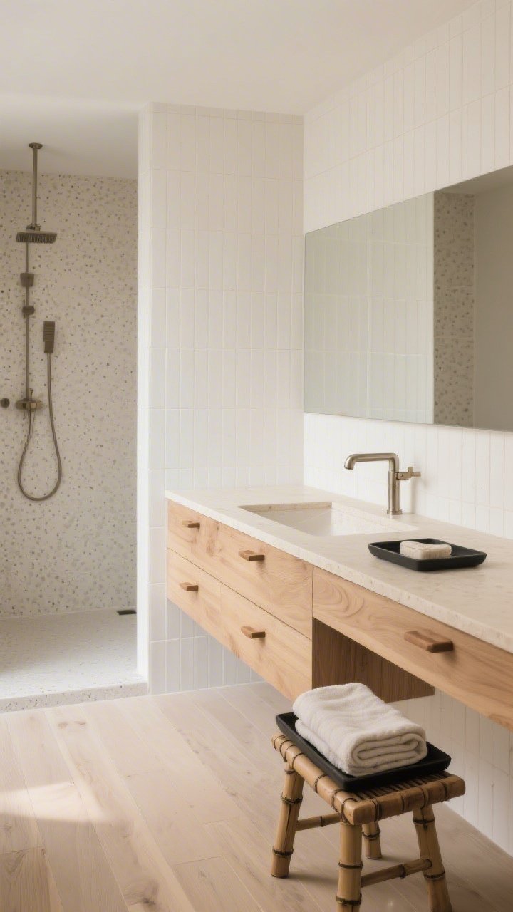 Medium, straight-on vanity wall shot: Japandi serenity with light beige porcelain plank floors mimicking pale oak laid lengthwise; ribbed off-white tile feature wall behind a clean-lined natural oak vanity with integrated pulls and a slim creamy limestone top; brushed stainless/warm nickel faucet and hardware; bamboo stool, neatly folded linen hand towels on a black ceramic tray; shower glimpsed with large-format micro-speckled tiles minimizing grout lines; soft, diffuse natural light in a sand, bone, and soft gray palette; no people, photorealistic.