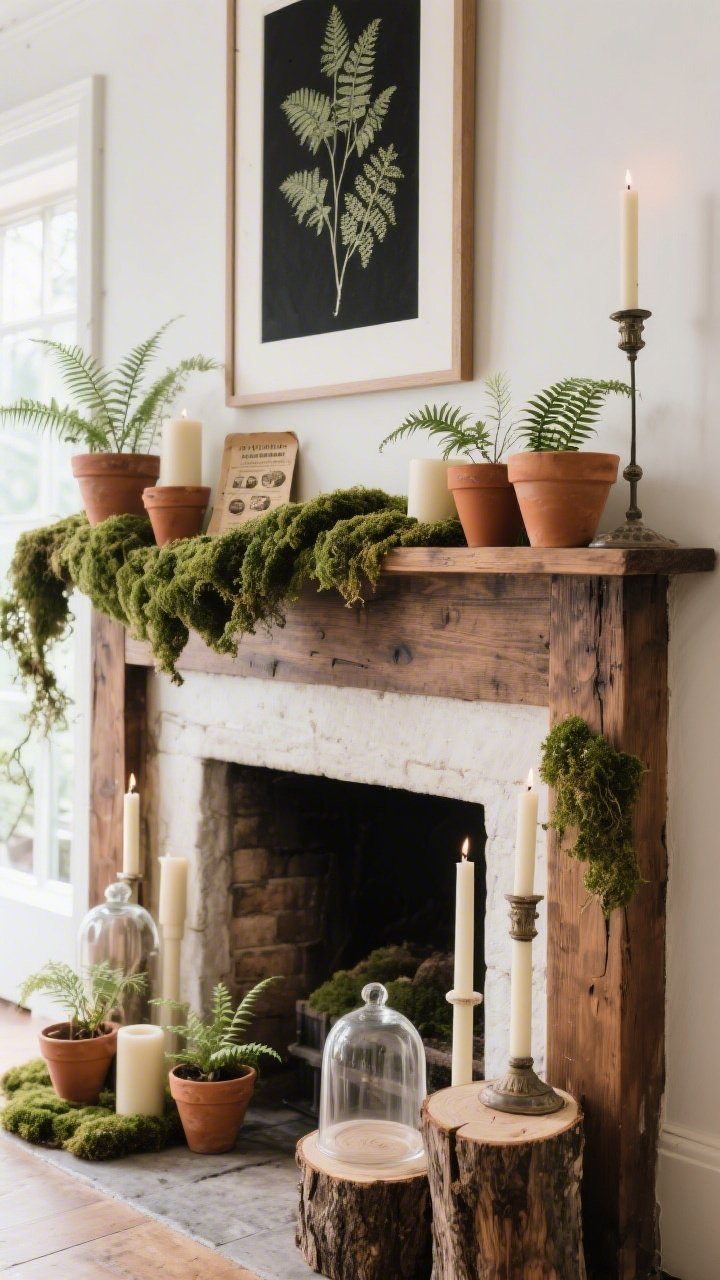 Medium, three-quarter angle shot of a rustic botanical mantel: natural or walnut-stained wood mantel with a simple black botanical print above; textured moss-and-fern garland running across and cascading slightly at one end; cluster of small terracotta pots—some with baby ferns, some empty for varied heights; cream pillar candles set on rustic wood slices; a few antique-style glass cloches covering single stems or vintage seed packets; palette of moss, terracotta, cream, walnut; gentle natural daylight for an earthy, collected greenhouse vibe.