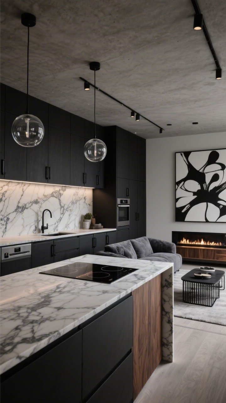 Medium-to-wide shot, moody modern space with deep charcoal cabinetry, matte black hardware, dramatic veined quartz countertop climbing as full-height backsplash; massive island with dual waterfall sides, integrated induction cooktop and hidden outlets; minimal glass orb pendants above; adjacent living area with stormy gray velvet sectional, low black metal coffee table, ribbed walnut floating media unit, extra-wide linear gas fireplace, huge abstract black-and-white art; palette charcoal, black, walnut, bone white; dim, gallery-style lighting with microcement ceiling visible; straight-on perspective, photorealistic, no people.