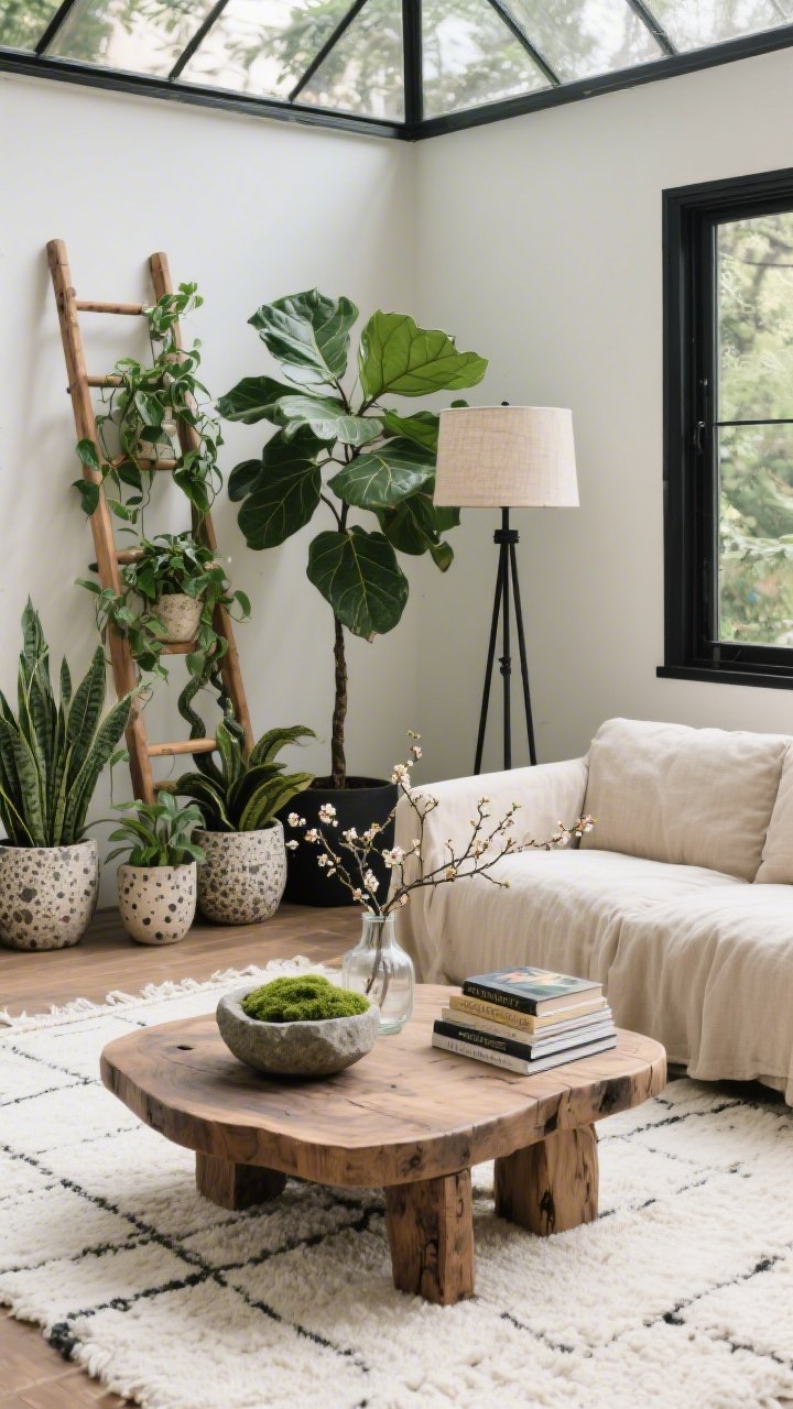 Medium-wide corner angle: A greenhouse-inspired living room anchored by a low oatmeal linen slipcovered sofa and a chunky raw-wood coffee table with rounded edges atop a hand-knotted ivory rug. Lush plants: a tall fiddle-leaf fig, trailing pothos cascading from a wooden ladder, and clustered snake plants in speckled ceramic planters. On the coffee table: a stone bowl of moss, a clear vase of blossoming branches, and a neat stack of art books. A black metal floor lamp with a linen shade provides balanced, warm natural light; palette of oatmeal, ivory, deep green with charcoal accents; textures of linen, stone, matte ceramic, and raw wood, photorealistic.