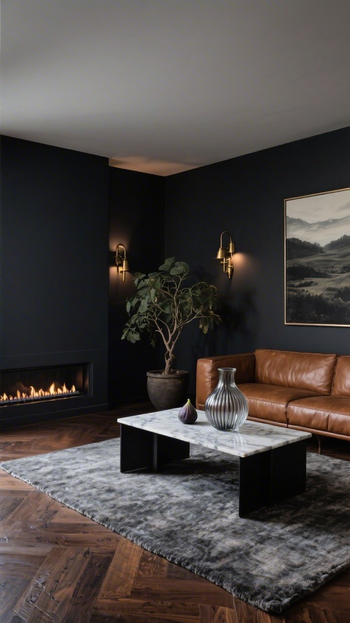 Medium-wide corner angle of a moody modern living room with deep smoked walnut wide-plank floors; charcoal accent wall; cognac leather sofa centered; marble-and-black coffee table; graphite wool rug underfoot; warm antique brass sconces on the charcoal wall creating dramatic pools of light; linear gas fireplace set into the wall to echo long plank lines; moody landscape art, ribbed glass vase on the table, oversized fig tree in a pot; rich, velvety contrast; no people.