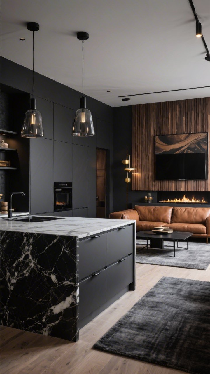 Medium-wide corner angle of a moody modern open-plan space emphasizing charcoal drama: flat-front deep graphite cabinets with integrated pulls, black-veined marble-look waterfall island, smoked glass pendants, matte black fixtures. Adjacent living area shows a cognac leather sofa, black metal coffee table, plush slate rug, ribbed wood slat wall behind a TV, linear gas fireplace, oversized abstract art. Warm walnut tones and subtle burnished brass accents. Layered dimmable lighting creating a rich, luxe, dramatic atmosphere.