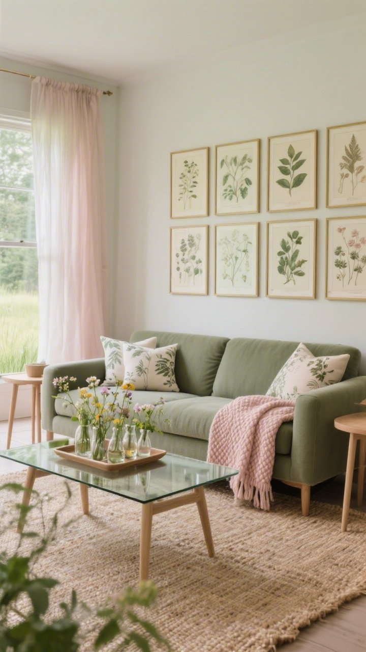 Medium-wide living room evoking a meadow: a stone/sage green sofa anchored on a natural jute or flatweave rug, layered with botanical-print pillows and a pale blush waffle-knit throw. Light oak end tables flank the sofa; breezy sheer curtains filter soft daylight. On the wall, a grid of vintage botanical prints in thin brass frames. A glass-topped coffee table allows the room to “breathe,” with a tray holding a cluster of small bud vases filled with wildflowers. Gentle, muted greens and blush tones, photorealistic.