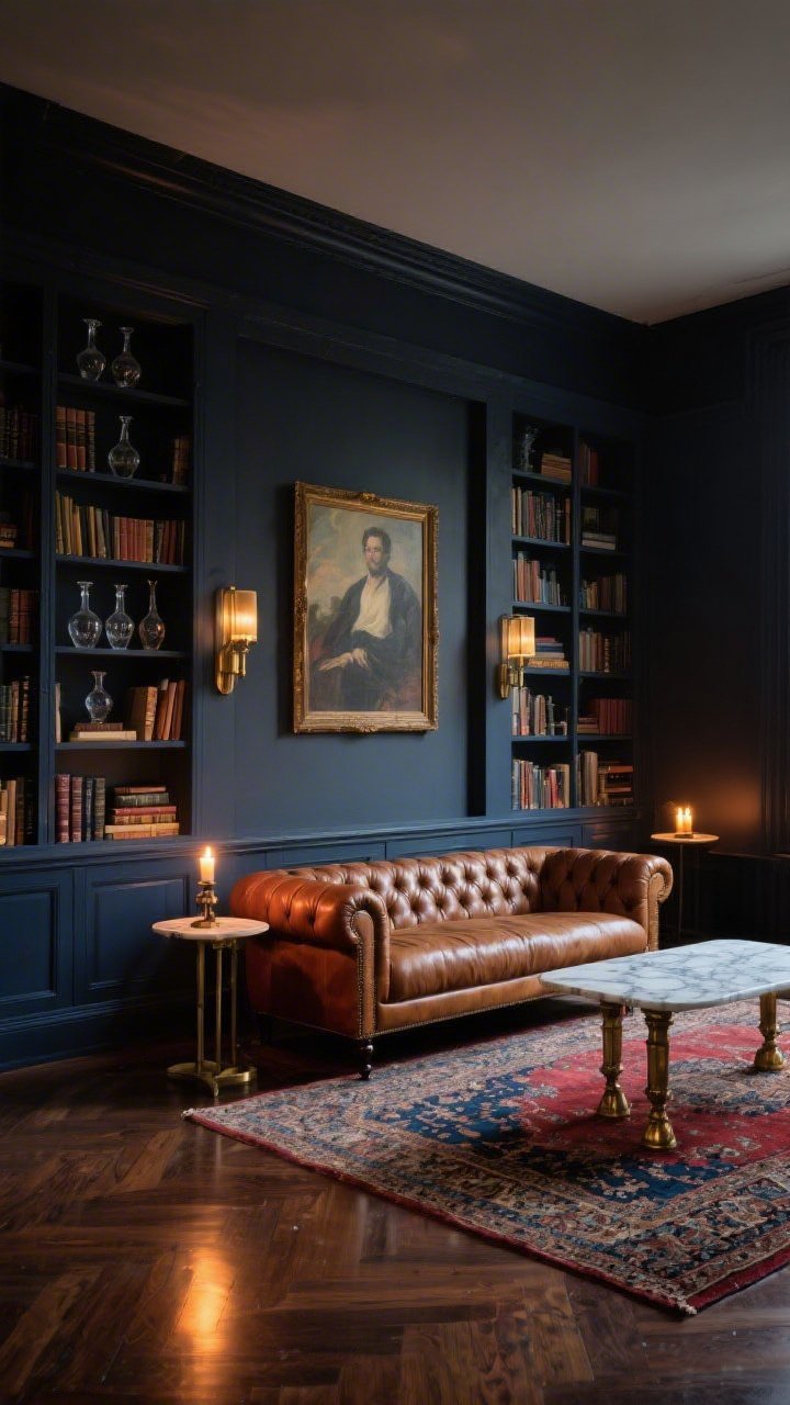 Medium-wide moody home library with espresso dark-stained oak floors, subtle gloss reflecting firelight and candlelight; charcoal walls and deep inky blue built-in bookcases; tufted cognac leather sofa anchored on a vintage Persian rug in ruby and navy; marble-topped side table with aged brass legs; brass picture lights over shelves, an oversized oil painting; details like leather-bound books and smoky glass decanters; low, warm lighting with soft shadows, indulgent and dramatic, photorealistic.