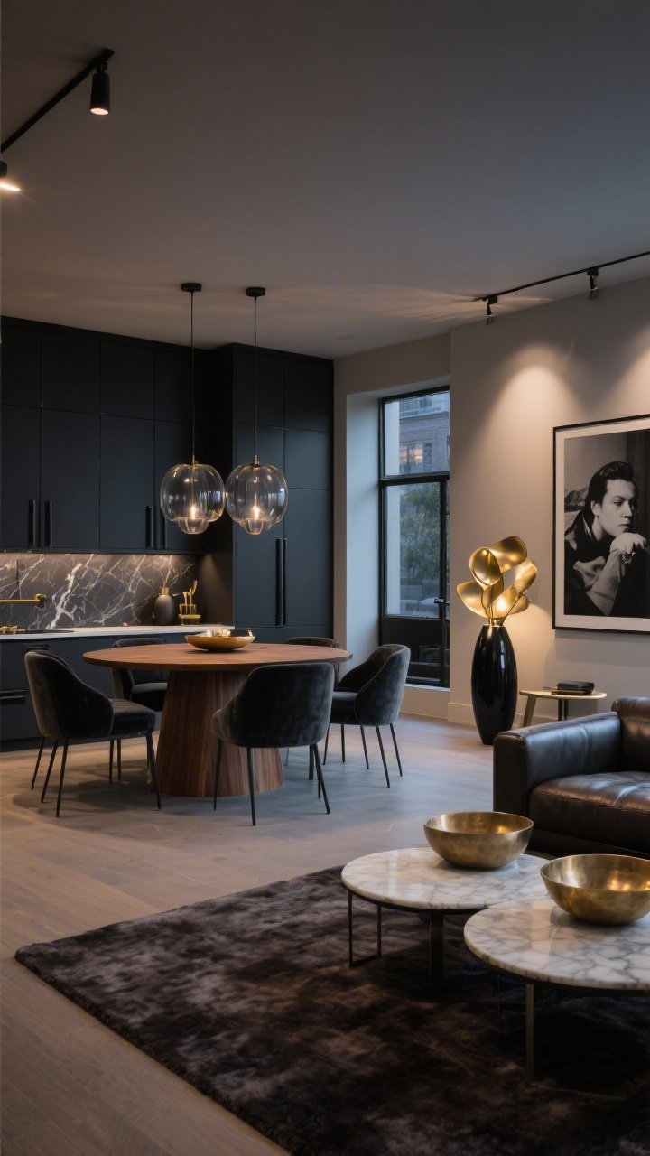 Medium-wide, moody modern open concept at dusk with layered ambient lighting; charcoal cabinetry, slim black hardware, dark veined waterfall island; smoked glass pendants above the island; dining area with a round walnut pedestal table and charcoal velvet chairs; living area with a low-profile leather sofa, marble nesting tables, plush deep ash rug; oversized black-and-white photography on walls; warm brass touches including a sculptural brass chandelier over dining and brushed brass bowls; matte black vases; dramatic yet welcoming glow, no people, photorealistic.