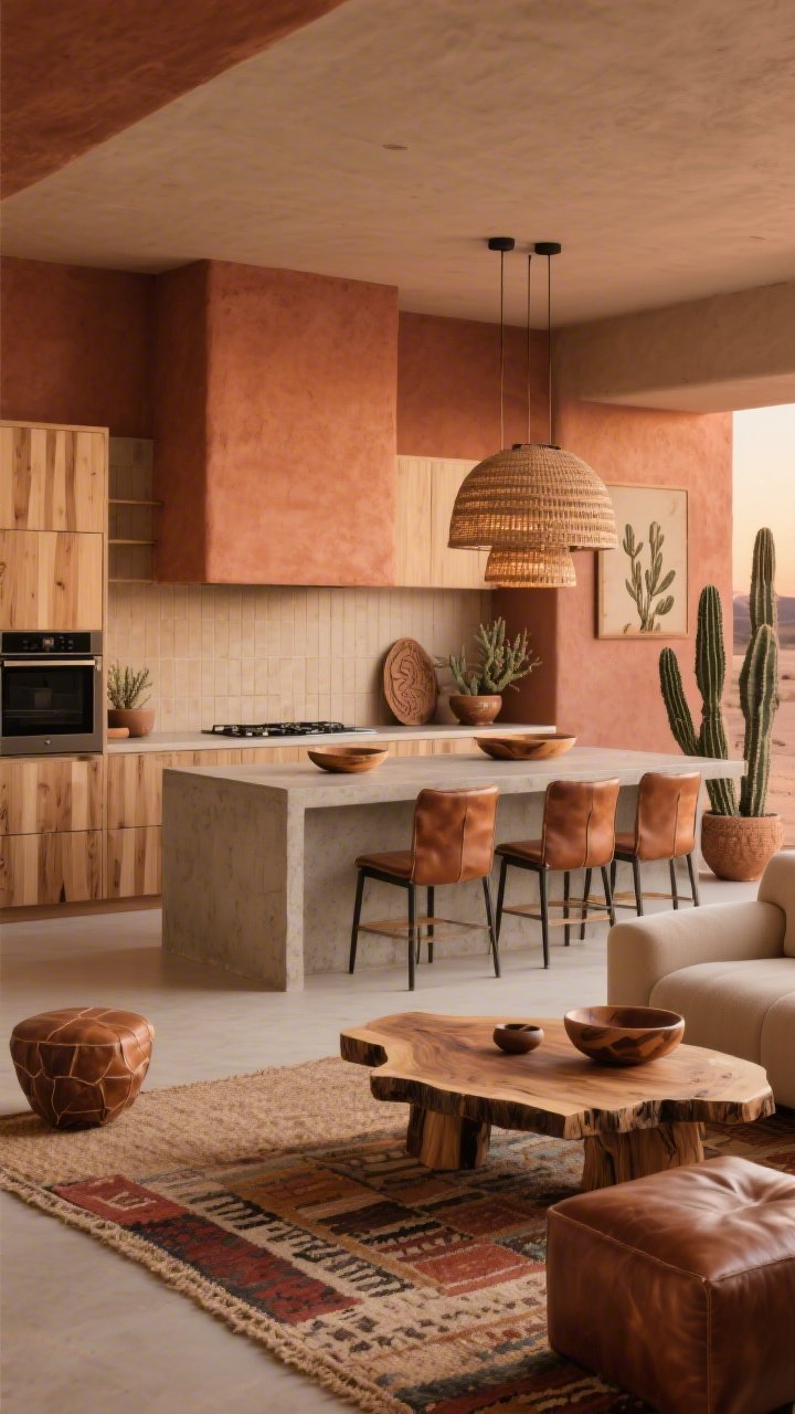 Medium-wide, oblique angle: Desert modern with earthy warmth—palette of terracotta, camel, rust, and soft clay with matte black and brushed bronze accents; kitchen with rift-cut vertical-grain white oak cabinets, plaster-look range hood, and a micro-troweled concrete island; sandy-toned backsplash in vertical stack; dining shows a live-edge wood table, leather-wrapped chairs, and a woven dome pendant; living area includes a low, deep oatmeal sofa, saddle leather ottomans, and a layered kilim over flatweave jute rug; accents: desert botanical prints, carved wood bowls, ceramic pendant cluster over the island, and trio of cacti/euphorbia; warm directional evening light for sun-baked vibe; no people, photorealistic.