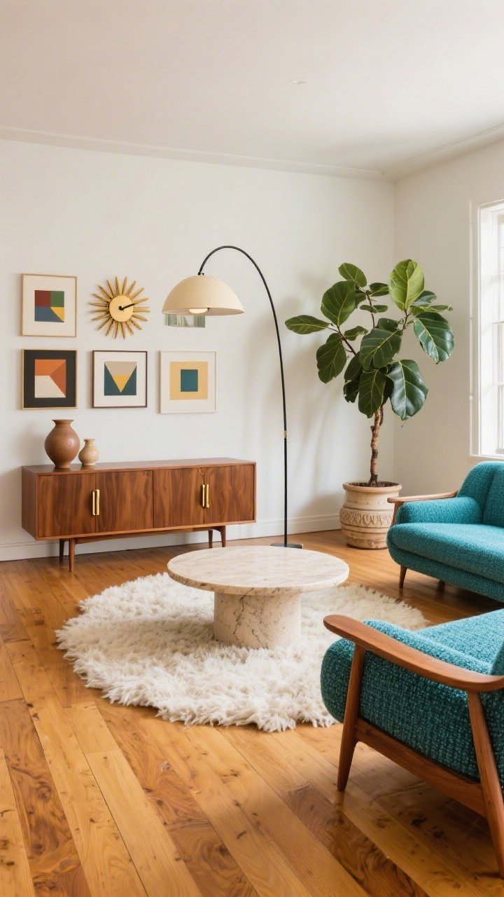 Medium-wide shot with a slight overhead angle capturing a mid-century living room; honey-toned oak narrow plank floors glowing warmly; teal tweed sofa with curved lines; round travertine coffee table; streamlined walnut credenza against the wall; shaggy ivory rug; arc floor lamp arching over seating; gallery of geometric prints arranged above the credenza; sculptural pottery, sunburst clock, brass pull handles; rubber tree in a ceramic pedestal planter; bright, cheerful lighting; no people.