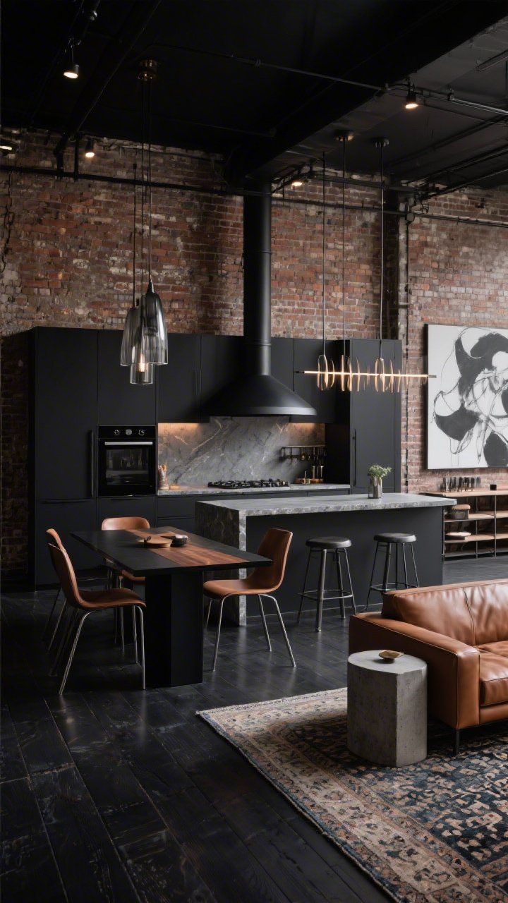 Medium-wide straight-on loft view: Urban moody drama with charcoal kitchen cabinets, a matte black range hood, honed soapstone island, exposed brick wall backdrop, track lighting, and smoked glass pendants; nearly black wide-plank floors enhance contrast; dining features a slim black table with walnut top, leather sling chairs, and a sculptural linear chandelier; living zone includes a low-profile cognac leather sofa, concrete side tables, and an oversized grayscale abstract; steel-framed shelves, industrial barstools, and a patterned vintage rug soften edges; dim-to-warm lighting adds cozy luxe ambiance; no people, photorealistic.