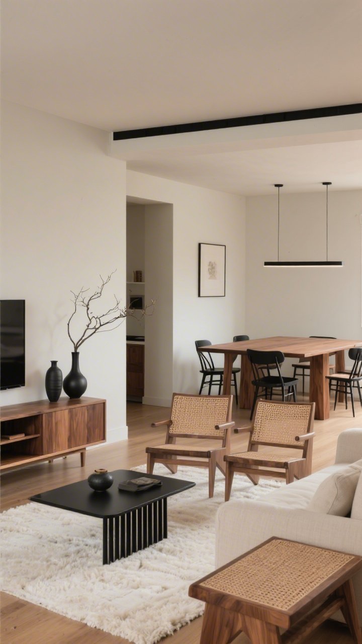 Medium-wide straight-on view of a mid-century-meets-Japandi open plan: warm walnut throughout, muted putty walls, soft black accents; living area with mid-century walnut media console, low putty linen sofa, black slatted coffee table, plush off-white rug, and two spindle-back accent chairs with woven seats forming a conversation circle without blocking flow; dining area with a rectangular walnut table and black wishbone chairs; slim linear matte-black light overhead visually linking the zones; styling includes charcoal ceramic vases, a single branch centerpiece, and a woven bench along the wall; calm, balanced contrast, natural light, photorealistic, no people.