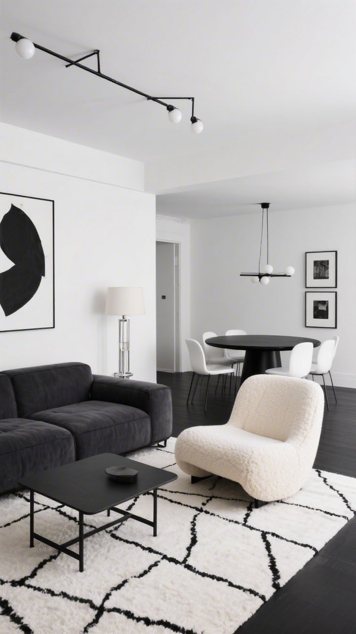 Medium-wide straight-on view of a modern monochrome open layout defined by a crisp black-and-white palette; living area with deep charcoal modular sofa, matte-black metal coffee table, low-pile ivory rug with black linear pattern; a single cream bouclé curved accent chair as the sculptural focal point; dining area continuing contrast with a black oval pedestal table, sleek white molded chairs, oversized abstract black-and-white wall art; a linear black chandelier with globe bulbs spans across both zones; brushed nickel accents on a floor lamp and picture frames; clean, graphic lighting, photorealistic, no people.