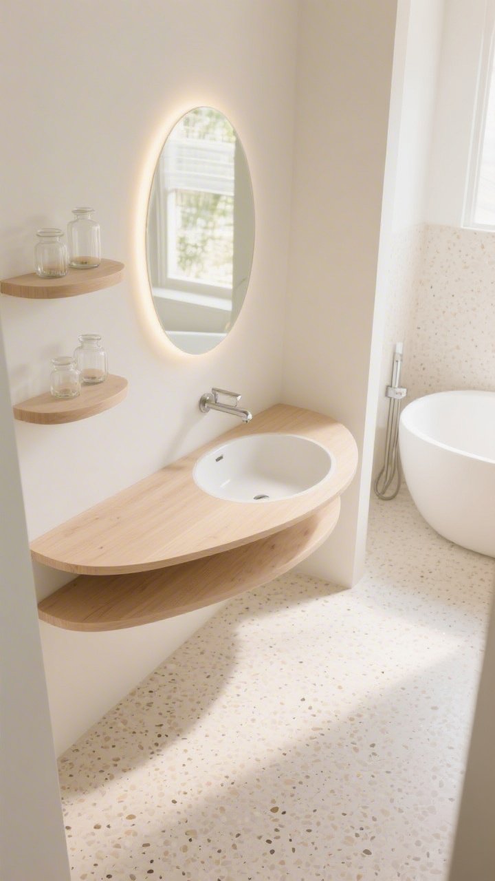Overhead/angled detail, Light-Filled Minimal with Organic Curves: soft-beige terrazzo floor with fine speckles and the edge of a pale maple curved-edge floating vanity; niche shelving with rounded corners holding clear apothecary jars; glimpse of a freestanding oval tub and an oval backlit mirror reflecting warm daylight; brushed stainless steel fixture visible; palette of warm white, light maple, soft beige; airy, gentle curves emphasized, photorealistic.