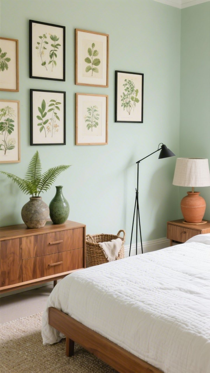 Overhead/detail hybrid shot of a botanical gallery haven wall and bedside: pale pistachio wall featuring a gentle gallery of vintage-style botanical prints in thin black and oak frames. Below, a simple white quilt on a streamlined bed edge; narrow oak dresser corner with ceramic vases in moss and stone tones, a terracotta pot holding a fern. Linen shade on a lamp off to the side, slim black metal floor lamp providing subtle contrast, woven basket for extra throws on the floor. Calm, organic palette of pistachio, white, moss, soft terracotta.