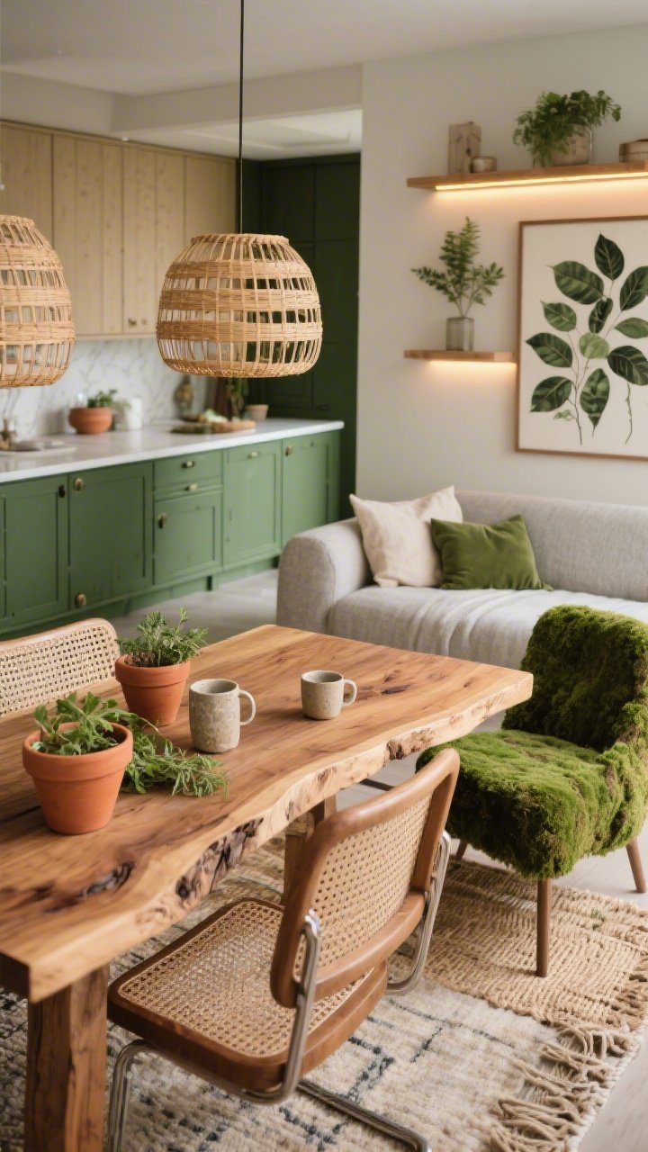 Overhead detail shot, biophilic textures and greens; live-edge dining table surface in warm wood with caned chair backs at the edge of frame; terracotta pots and stoneware mugs styled alongside small herb cluster; glimpses of forest-green lower cabinets and creamy uppers with an eucalyptus-painted island beyond; woven drum pendant silhouettes and warm LED strip glow under open shelving; botanical art print with leaf motifs cropped in view; linen sofa in stone and mossy velvet chair corner peeking with jute-and-wool rug texture; fresh, grounded mood, no people, photorealistic.