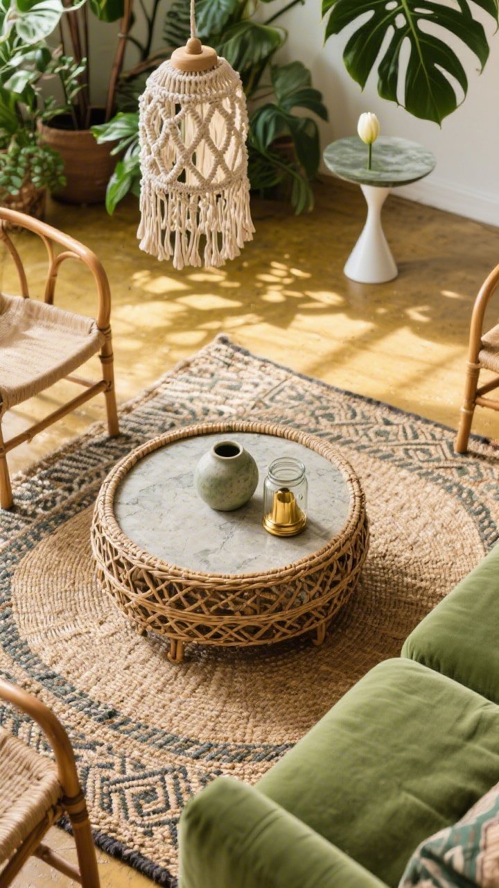 Overhead detail shot emphasizing botanical boho layers: a round rattan coffee table styled with stoneware, a small brass-accented object, and a glass jar; beneath, a sisal rug layered with a patterned flatweave; edge of a sage-green sectional visible; fragments of bentwood chair backs and a hint of a white tulip table nearby; macramé pendant casting soft dappled light; palette of sage, olive, and natural fiber with golden-toned floor glimpses; lush, plant-filled vibe implied with leaf shadows; photorealistic, no people.