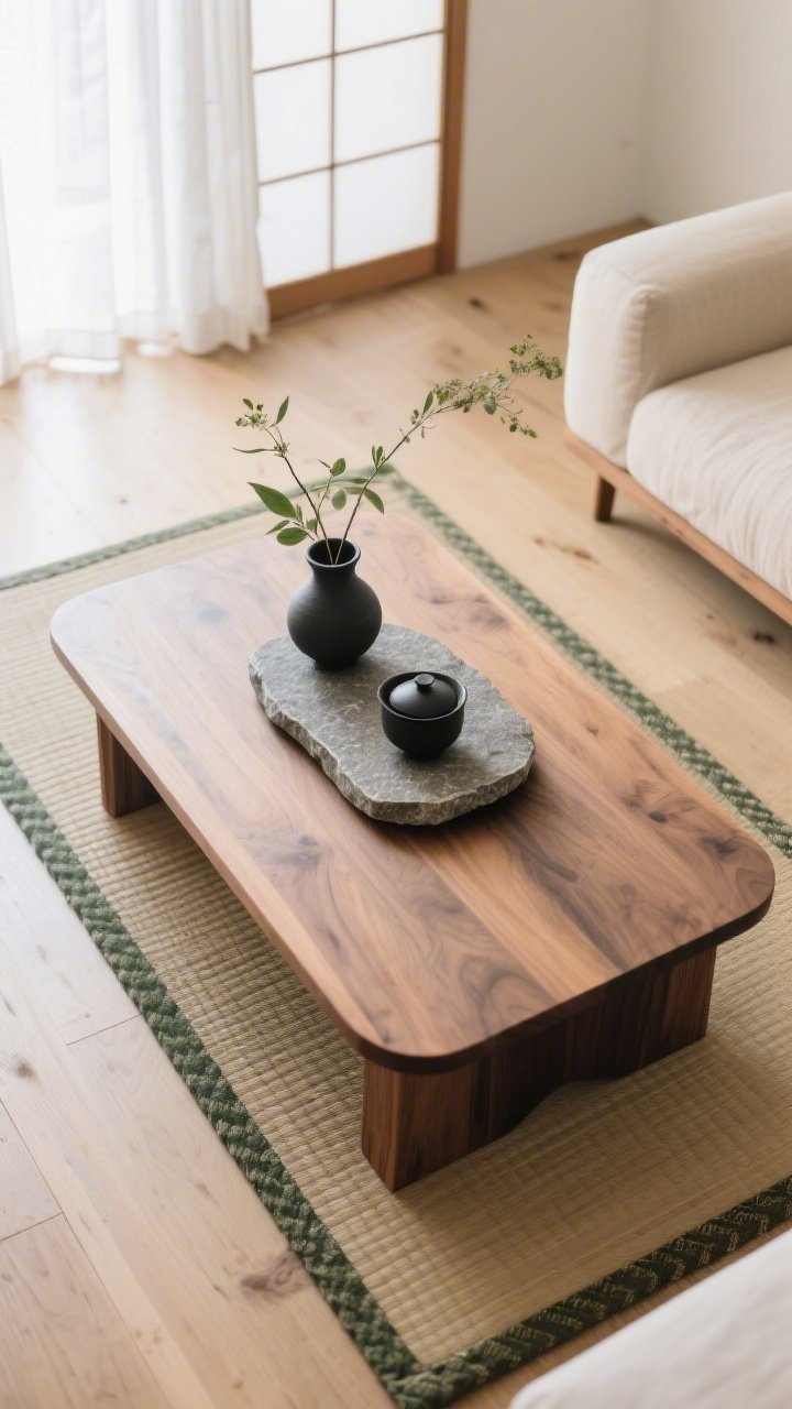 Overhead detail shot, Japandi Serenity With Natural Balance: rectangular oak coffee table with rounded corners on a tatami-inspired woven runner beneath; on table, a textured stone tray holding a single black clay tea set, and a low asymmetric ikebana arrangement; pale oak floors and edge of a low-profile beige sectional visible; restrained palette soft oak, warm white, soot black, moss; textures raw wood, stone, linen, paper, matte ceramics; composed in odd numbers with varied shapes, serene diffused light through shoji-inspired drapery, photorealistic, no people.