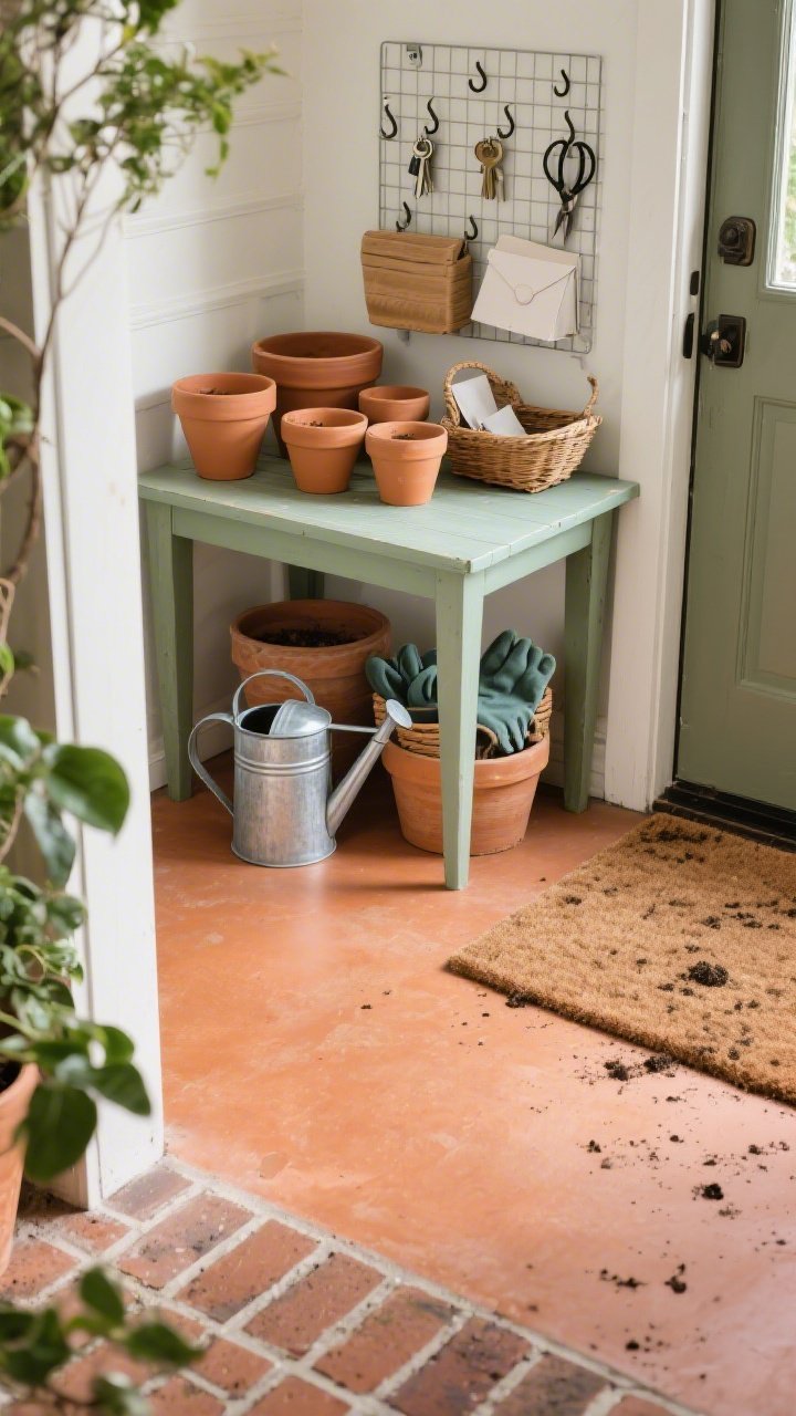Overhead detail shot of an indoor garden potting entry nook: terracotta-toned surface adjacent to a sage utility table top; arranged clay pots in varied sizes, a galvanized watering can, and small baskets for gloves and mail; a section of a grid organizer with S-hooks holding keys and shears visible along the frame edge; the brick-pattern doormat at the threshold catching specks of soil; color palette of terracotta, sage, clay, and galvanized metal; tactile textures, natural daylight, photorealistic.