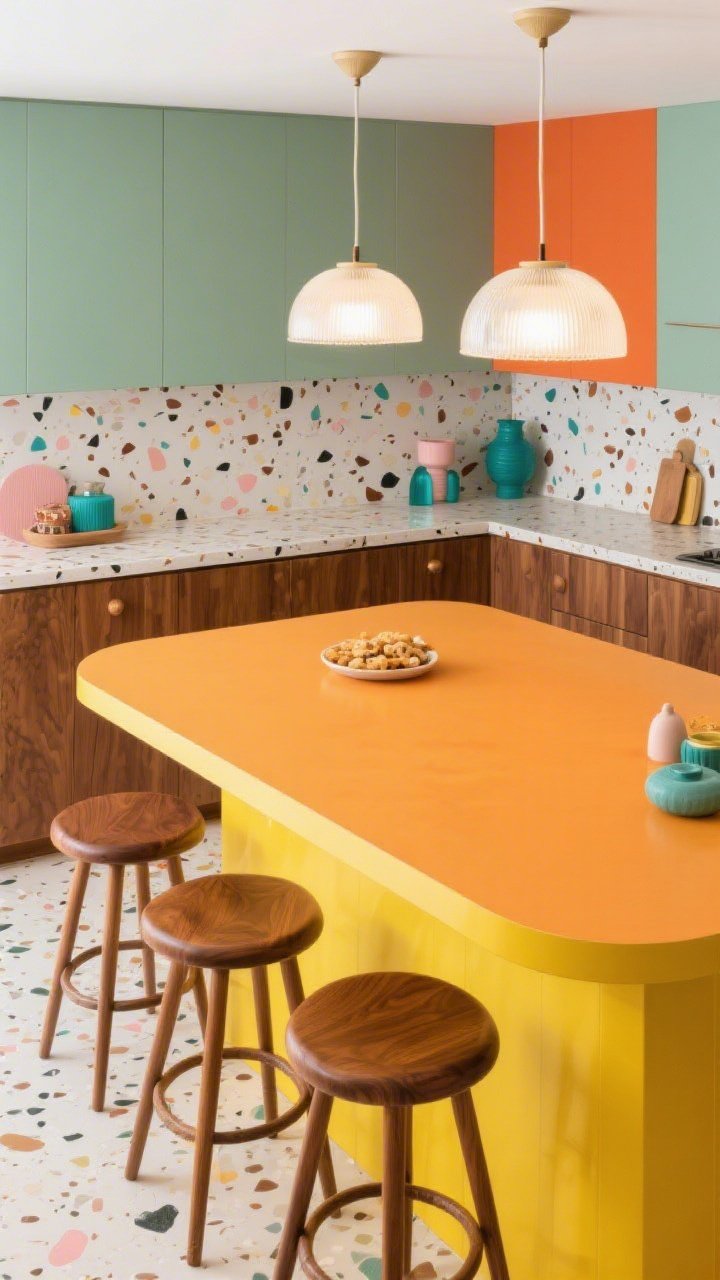 Overhead detail shot of playful mid-century color-pop island zone: sunny ochre color-blocked island base with rounded ends and raised snack ledge, ringed by walnut stools; terrazzo backsplash glimpsed beyond with confetti chips; retro domed milk-glass pendants casting even glow onto ochre surface; palette sage, ochre, walnut, white with blush and teal accents shown in small accessories; lively yet orderly mood, photorealistic, no people.