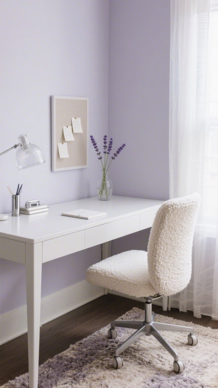 Overhead detail shot of the home office desktop: delicate lavender-gray wall color softly reflected; soft white writing desk surface with slim tapered leg visible at frame edge; bouclé texture of a cream task chair peeking in; heathered oatmeal rug texture below; brushed chrome touches on desk accessories; frosted glass lamp casting diffused daylight; linen pinboard with minimal notes; a trio of lavender sprigs in a small clear bud vase; sheer roman shades filtering gentle light; calm, focused, airy neutrals, photorealistic, no people.