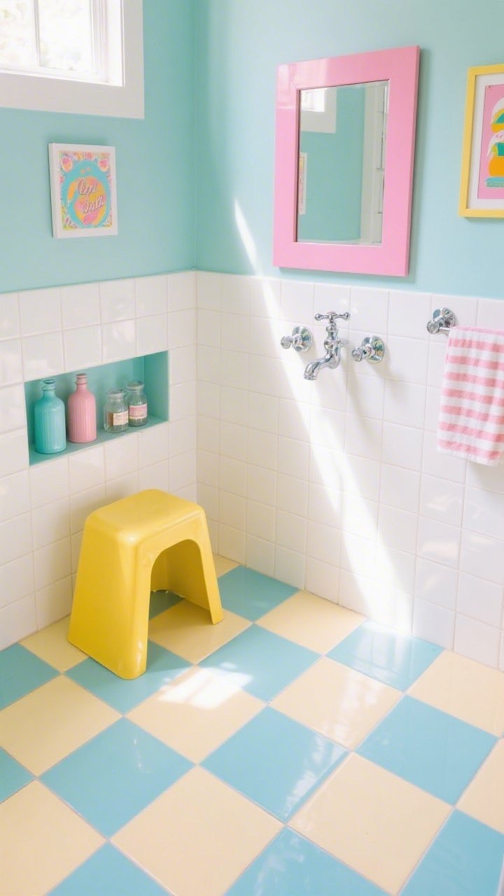 Overhead detail shot: Pastel checkerboard floor in powder blue and butter cream 8x8 squares, crisp and retro-fresh; edge of glossy white square wall tiles stacked in a grid; chrome fixtures reflecting light for soda-shop sparkle; bubblegum pink framed mirror and a sunny yellow step stool partially in frame; open niche with color-coordinated apothecary bottles; cheeky art print and striped hand towels hinted at on the periphery; bright, cheerful daylight flooding the space; no people, photorealistic.