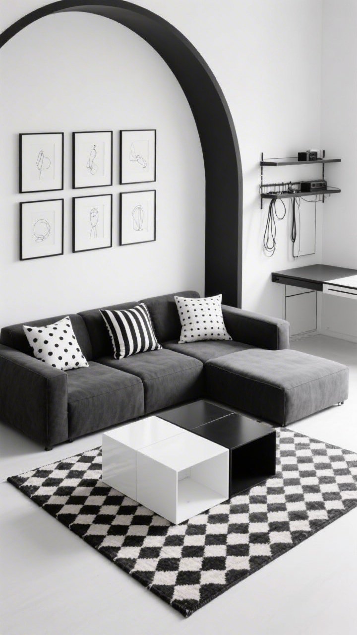 Overhead/flat-lay plus partial room view: Graphic monochrome setup with soft white walls and a bold charcoal painted arch framing a sofa zone; three-piece modular sofa arranged in an L-shape; coffee table formed by nesting cubes—one glossy white, one matte black—split slightly; checkered flatweave rug anchoring the scene; stripe-and-dot pillows in alternating scales; tight grid of black frames with minimal line drawings hung perfectly level; track shelving with sliding doors hiding cords and gear; a closed drop-down desk flush with the wall; crisp, architectural feel; photorealistic, overhead leaning into top-down perspective.