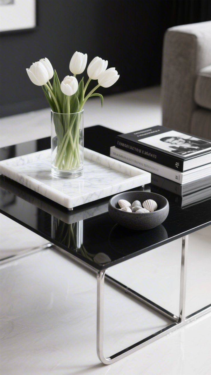 Photorealistic closeup detail from a low angle of a thin-profile black metal coffee table styled in crisp black and white: a white marble tray with clean edges, a tight cluster of white tulips in a clear glass cylinder, a neat stack of black-and-white photography books, and a small charcoal ceramic bowl with polished stones or white seashells; sharp contrast, gallery-chic vibe, reflections in chrome/black kept minimal, bright but soft natural light enhancing the monochrome palette
