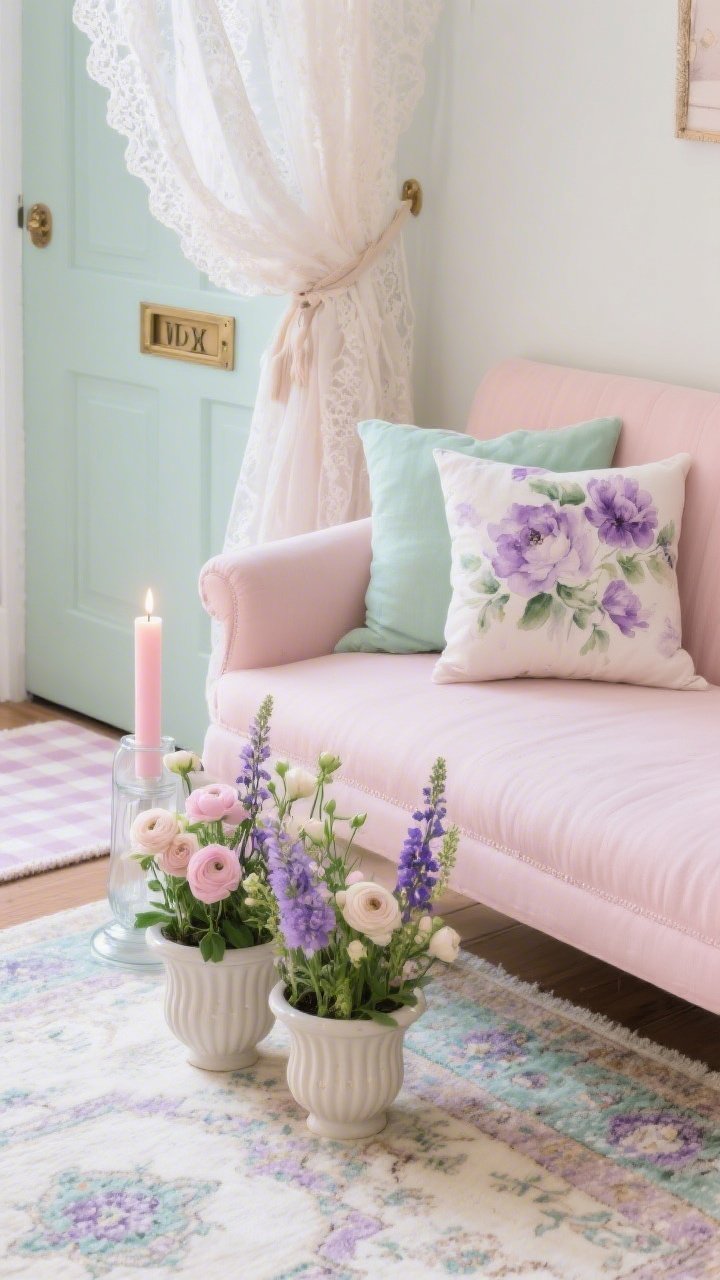 Photorealistic closeup/detail shot emphasizing soft pastels and textures: the corner of a pale blush loveseat (or dusty rose-painted bench) with mint and lilac watercolor-floral pillows. Underneath, a faded Persian-style rug in pastel tones. Foreground detail: fluted ceramic planters brimming with ranunculus, stock, and snapdragons. A lace-trim curtain panel tied back at one corner billows gently; a glass hurricane with a pale pink pillar candle glows softly. Background hint: pastel gingham doormat and polished brass letter slot on the door. Color palette: blush, lilac, mint, soft ivory; mood: romantic and airy.
