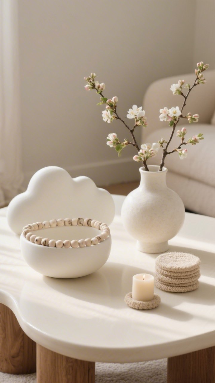 Photorealistic closeup detail, straight-on, of sculptural neutrals on a rounded-edge oak or cream lacquer coffee table: a matte ivory cloud-shaped bowl as the hero piece with a pale birch bead garland nestled inside, a low wide vase holding a few airy branches of blooming quince or dogwood, a tidy stack of beige boucle coasters, and a single sandstone candle; low, curvy silhouettes, soft diffused light creating gentle shadows, serene minimalism with cloud-like textures emphasized