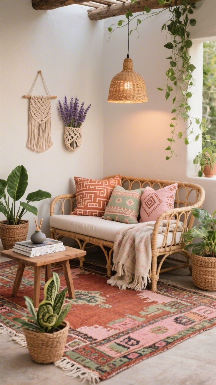 Photorealistic cozy medium shot of a boho rattan retreat: a flatweave kilim rug with rust, blush, and sage accents grounds a rattan loveseat piled with block-printed pillows. Corners dotted with basket planters holding snake plant, rubber plant, and trailing pothos. A macramé wall pocket holds lavender sprigs; an outdoor-safe rattan pendant casts soft evening light. On a low teak side table: a small stack of design books and a matte ceramic incense holder. Add a lightweight Turkish throw draped over the loveseat arm. Color palette: earth tones, terracotta, soft blush, sage; mood: relaxed and artful.