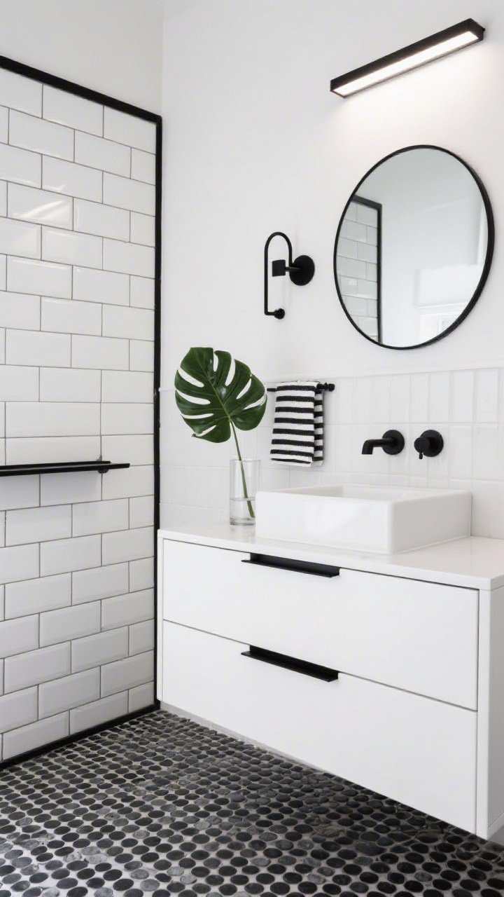 Photorealistic detail closeup, straight-on: a graphic modern vignette showing matte white penny tiles with bold black grout on the floor continuing up a feature wall behind a vanity; crisp transition to oversized white subway tiles in the shower laid in a vertical stack with thin black trim; built-in black metal shelf visible at edge; white lacquer vanity with slender black pulls and a square vessel sink; frameless round mirror reflecting light; linear matte-black sconce casting even illumination; accents include a single monstera leaf in a glass cylinder and striped hand towels; sharp, monochrome contrast.