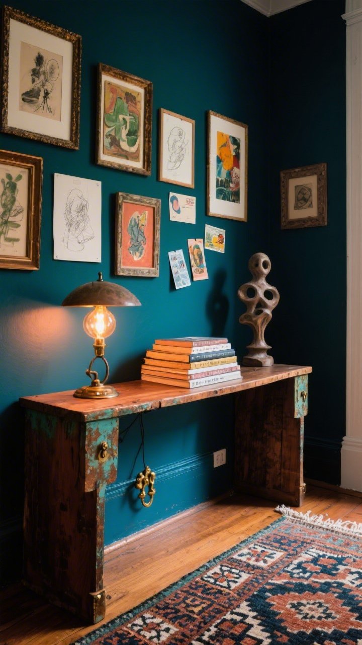Photorealistic detail/medium shot of an eclectic artist’s nook: a rich moody wall in ink blue (emerald or terracotta acceptable variant), against a vintage wood console with patina. Above, a tight gallery wall of mismatched frames with thrifted art, sketches, and postcards. On the console: a statement lamp with warm bulbs, a stack of art books, and a quirky sculptural object. Patterned runner visible at the base (Moroccan, kilim, or block print). Hardware accents in aged brass or patinaed bronze. Warm, glowing lighting to make colors sing.