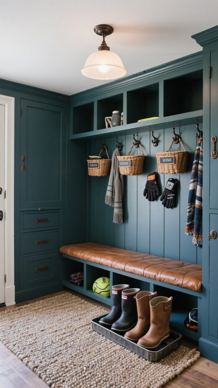 Photorealistic functional mudroom wide shot, straight-on: shaker-style built-ins with open cubbies, closed drawers, and a sturdy bench, painted deep navy (forest green or charcoal acceptable variant). Beadboard backing, a row of chunky hooks, and labeled baskets for each family member holding gloves, scarves, and sports gear. A heavy-duty indoor-outdoor rug underfoot, a metal boot tray with neatly placed boots, and a wipeable leather bench cushion. Hardware in oil-rubbed bronze or matte black. Overhead flush-mount light with a milk-glass shade casting bright, soft illumination.